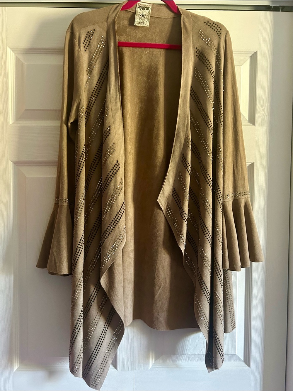 Vocal Taupe Suede-Look Open Front Cardigan with Laser-Cut Detail